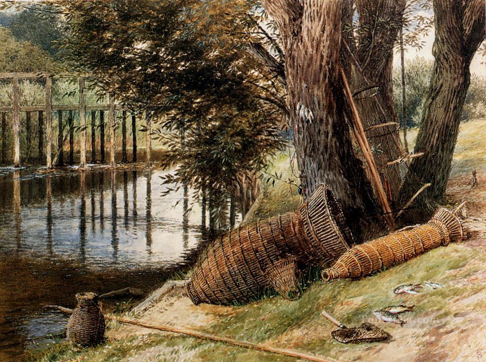 川のほとりのうなぎの壺の風景 ビクトリア朝のマイルズ・バーケット・フォスター油絵
